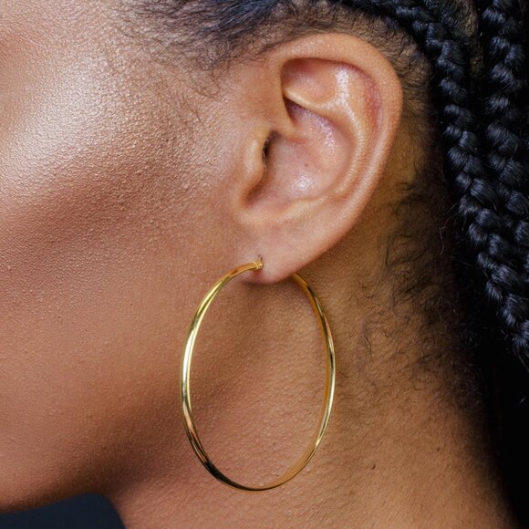 Jewelry - Sterling Silver 925 Gold Plated Silver Dome Hoop Earrings 50mm